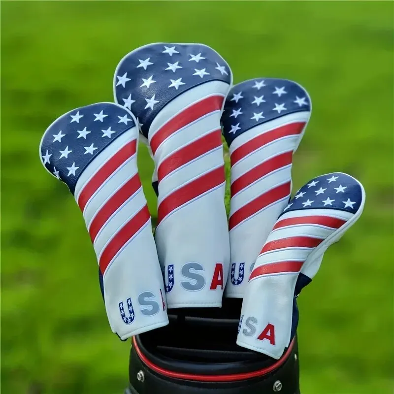 Golf Equipment Kit - ชุดคลุมหัวไม้กอล์ฟแบบรักชาติ - ปกป้องไม้กอล์ฟของคุณด้วยหนัง PU ที่ทนทานและดีไซน์ธงชาติอเมริกันที่สดใส