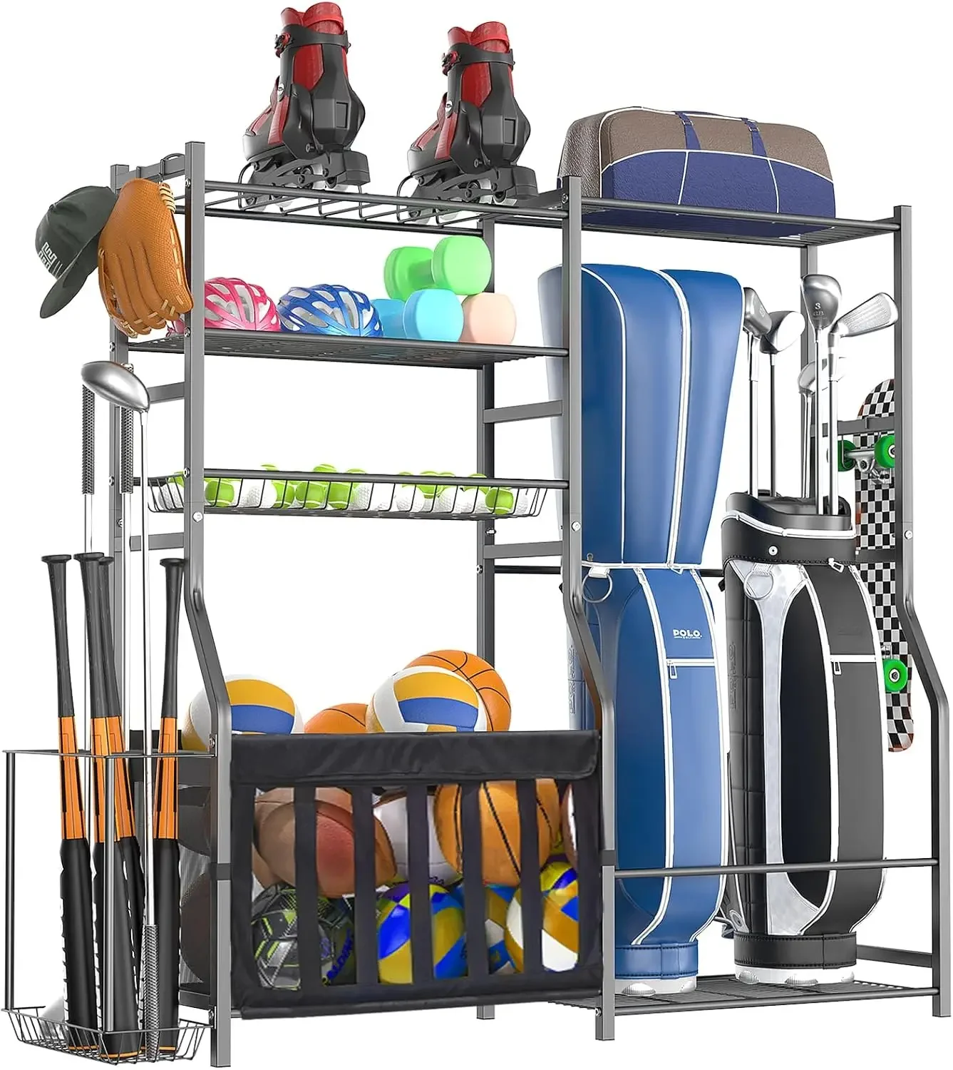 Golf Equipment Organizer For Garage - ชั้นวางอุปกรณ์กีฬาสำหรับโรงรถแบบแข็งแรงทนทาน ที่เก็บถุงกอล์ฟอเนกประสงค์ ที่วางลูกกีฬาหลายประเภทสำหรับบาสเก็ตบอลและไม้เบสบอล